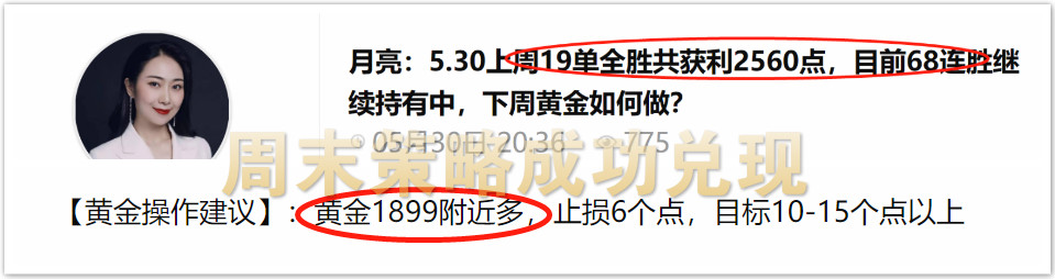 月亮：5.31上周19单全胜共获利2560点，目前69连胜继续持有中，今日黄金如何做？