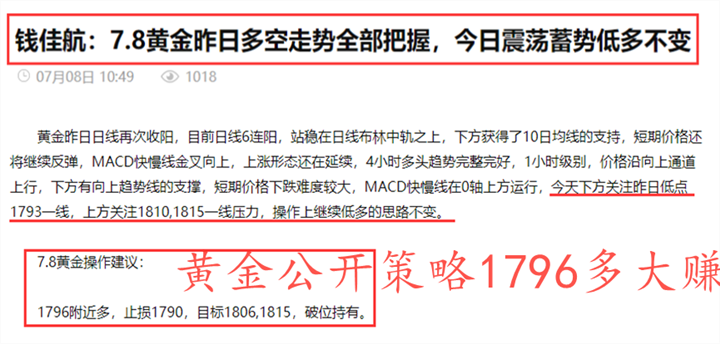 钱佳航：7.9黄金冲高回落震荡依旧，今天依托1794继续多不变