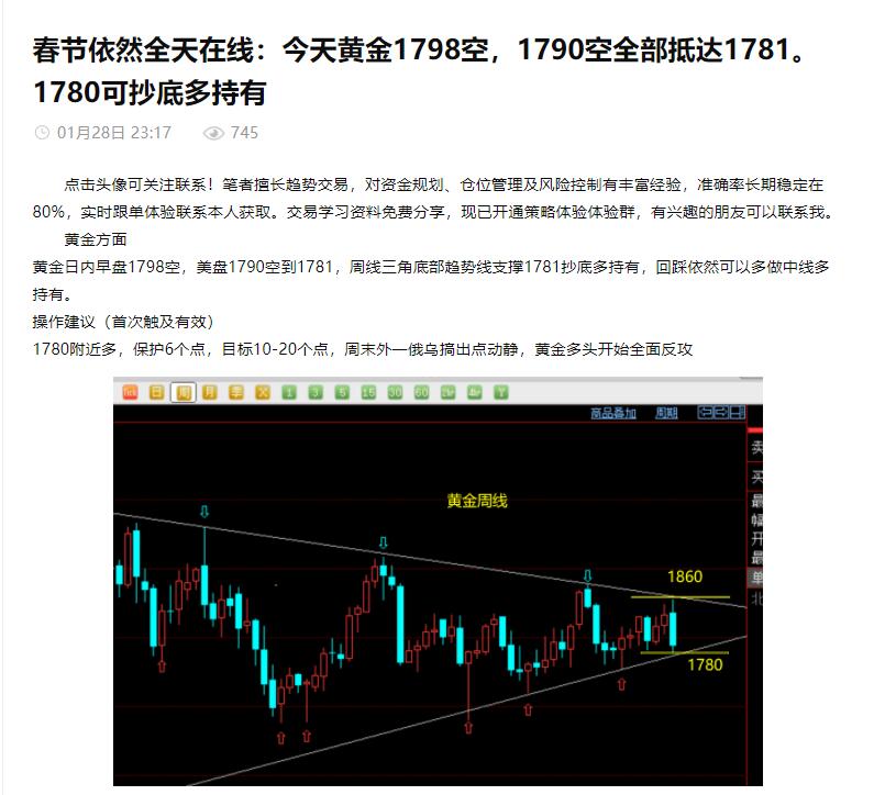 春节全天在线附周一策略：黄金公开策略1780附近抄底中线持有中