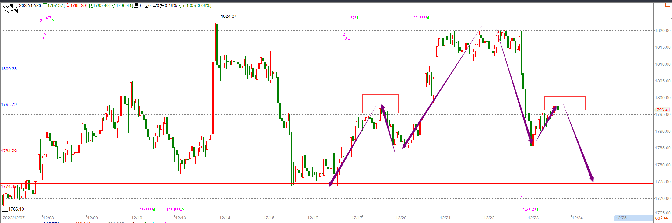 金科解盘：12.23黄金头肩顶形态出现，回调趋势依旧在！