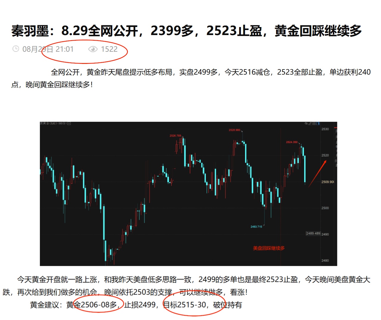 秦羽墨：8.30全网公开，2508多头大爆发，并且2523空，2515止盈，今天回踩多