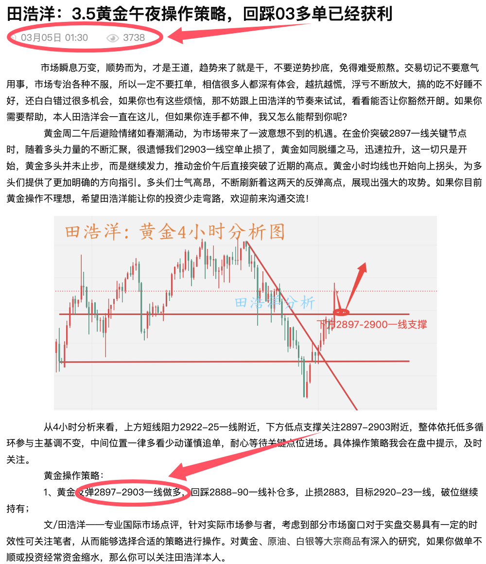 田浩洋：3.5黄金日内操作策略，黄金回落调整继续反弹