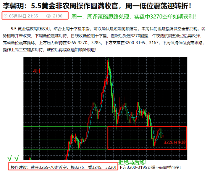 李馨玥：5.5黄金早间3270空单止盈开门红，晚间还有新高回踩主多！