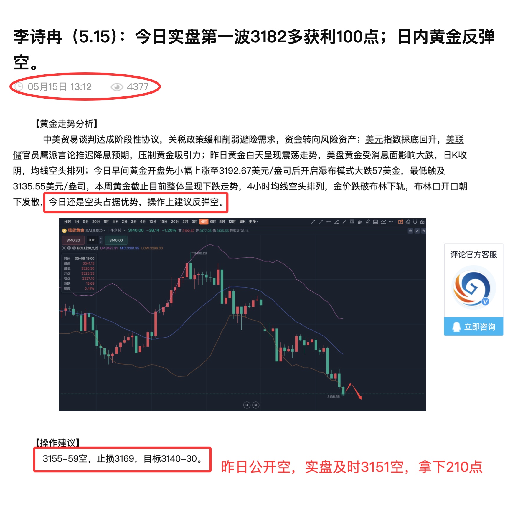 李诗冉（5.16）：昨日5单实力止盈3单，再大赚330点，今日黄金反弹空。