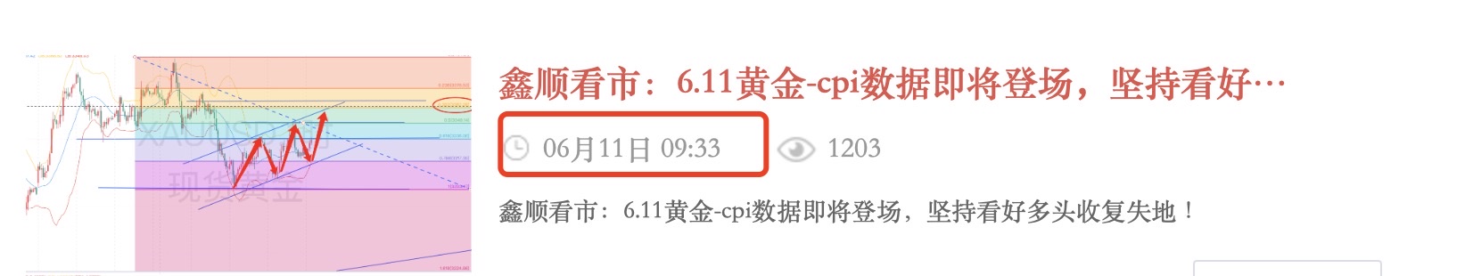 鑫顺看市：6.11黄金短期时间换空间预计还有上升空间！