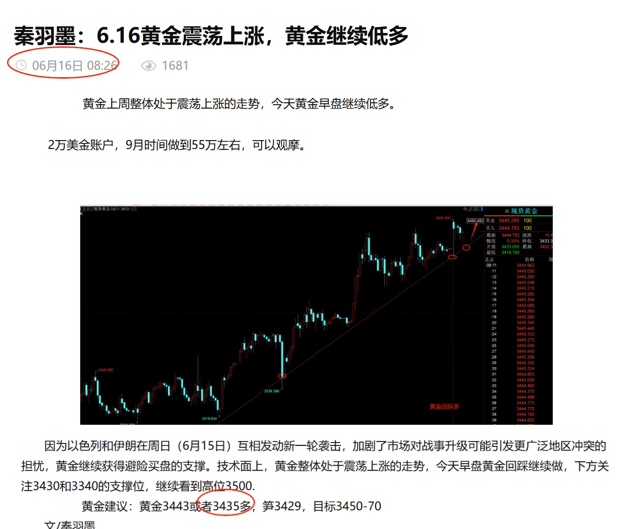 秦羽墨：6.16黄金破位3430，晚间反弹后做空