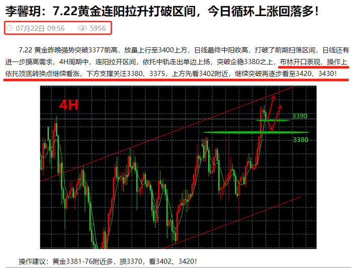 李馨玥：7.23黄金如期到达3430预期目标，强势单边回踩顺势多！