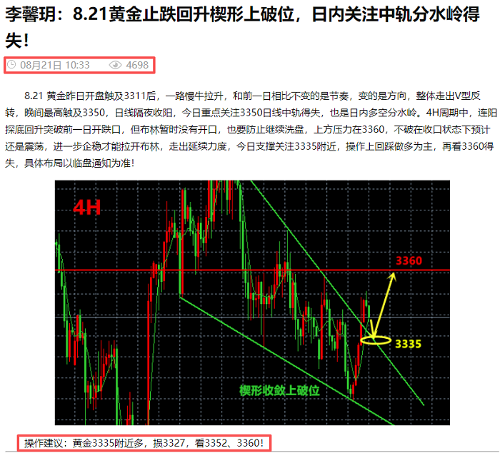 李馨玥：8.21黄金3335策略多单如期获利，晚间重点关注3350得失！