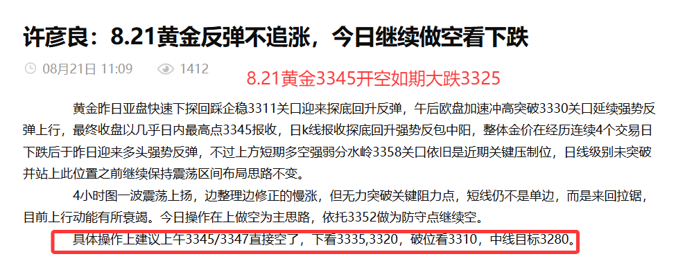 许彦良：8.21黄金上午开空如期大跌，晚间反弹继续做空看下行