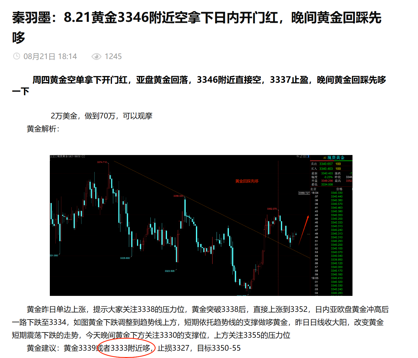 秦羽墨：8.21日内黄金4单止盈3单，黄金反弹可以再空