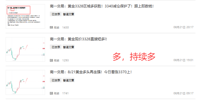 南一交易：8/22黄金现价3328继续短多一个！