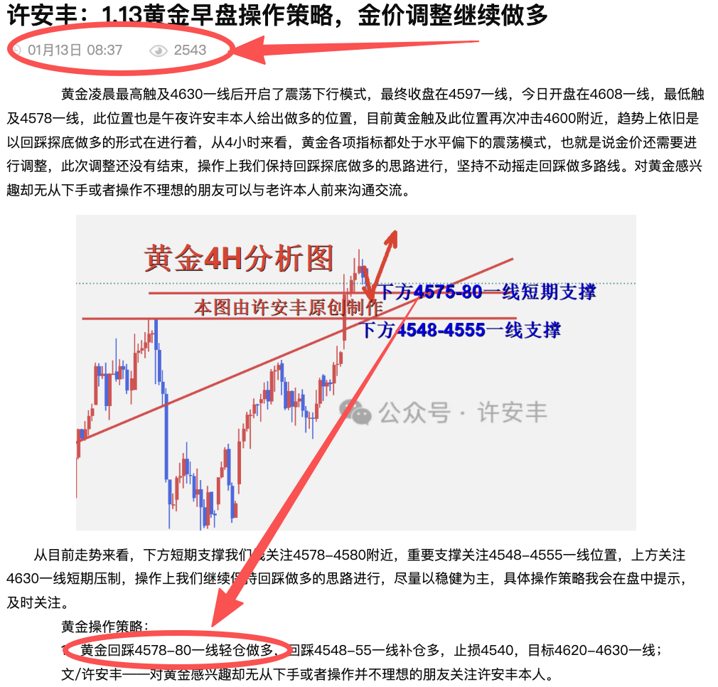 许安丰：1.13黄金午夜操作策略，日内多单精准把握
