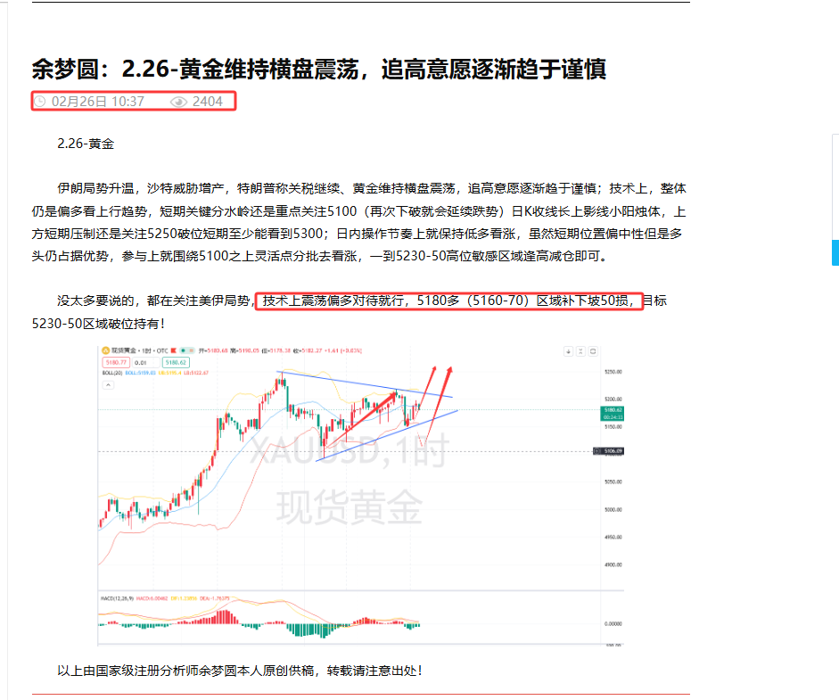 余梦圆：2.26-黄金5180多完美，反复回踩做多！