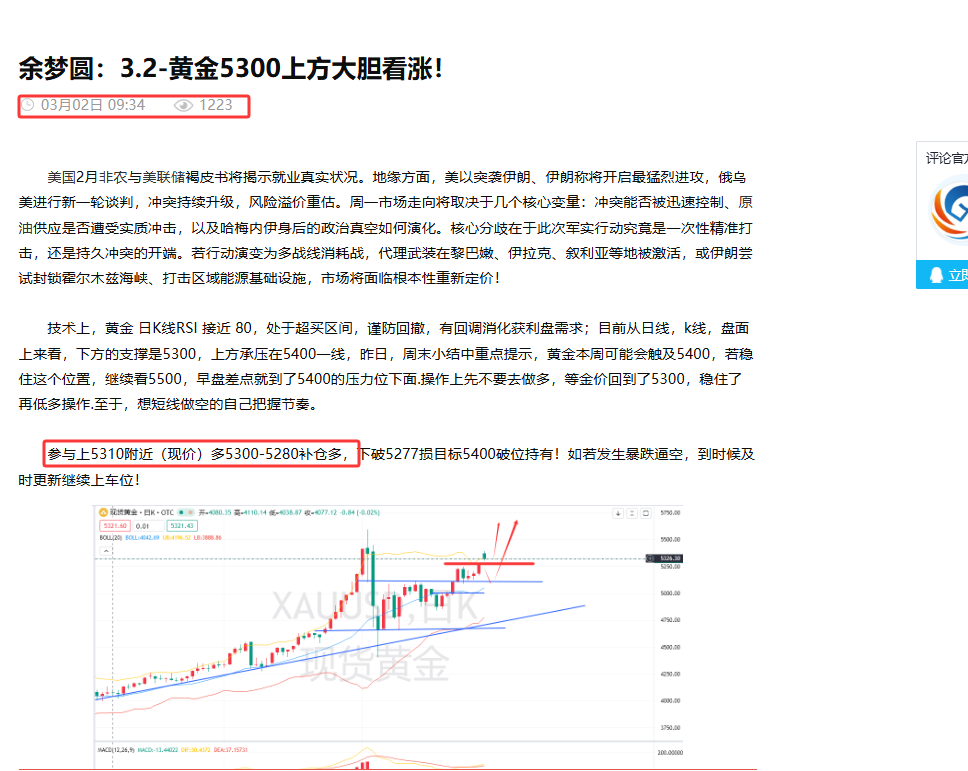 余梦圆：3.2-黄金5210附近多持续获利，大胆看多！