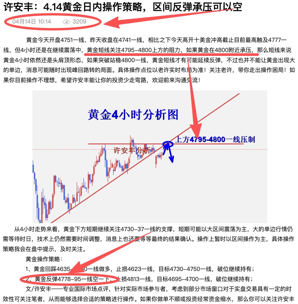 许安丰：4.14黄金晚间操作策略，日内二连空完美获利
