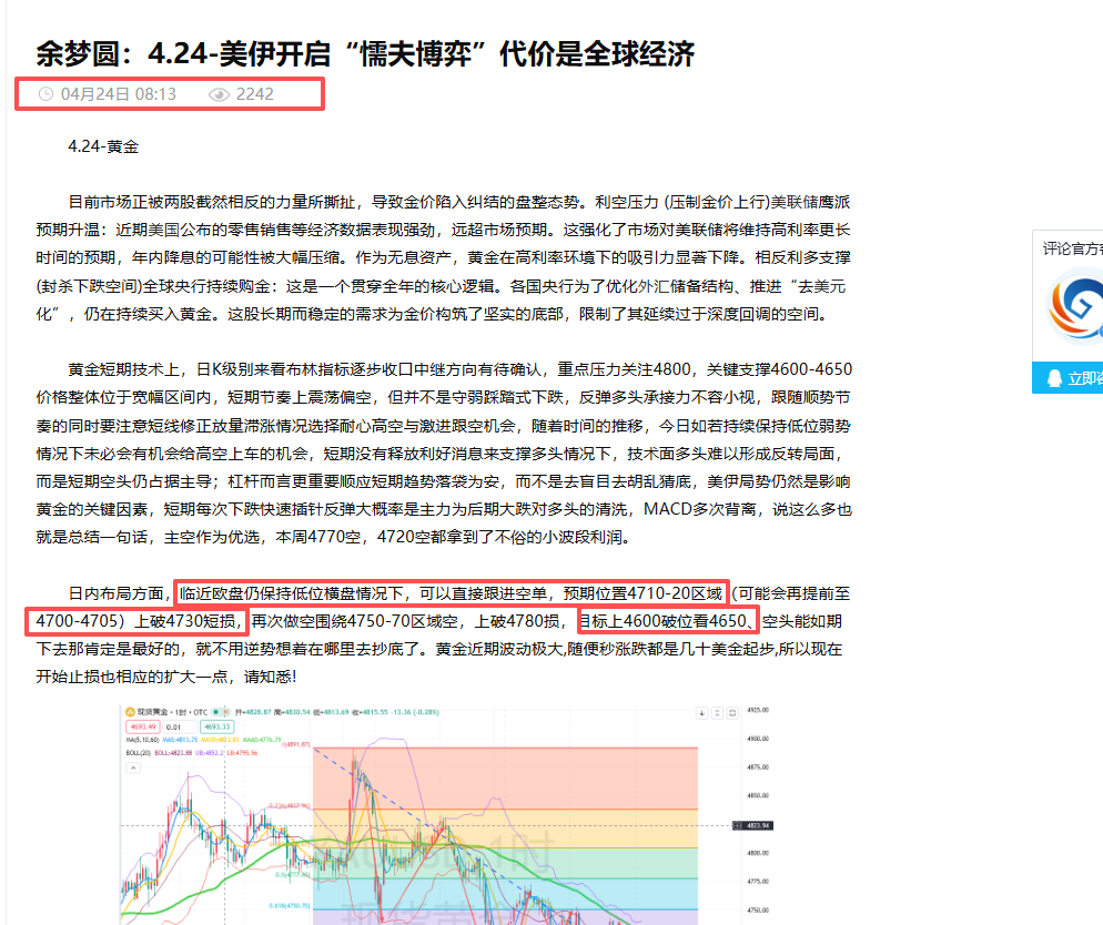 余梦圆：4.24-黄金4705-10空符合预期，接下来继续看极弱。