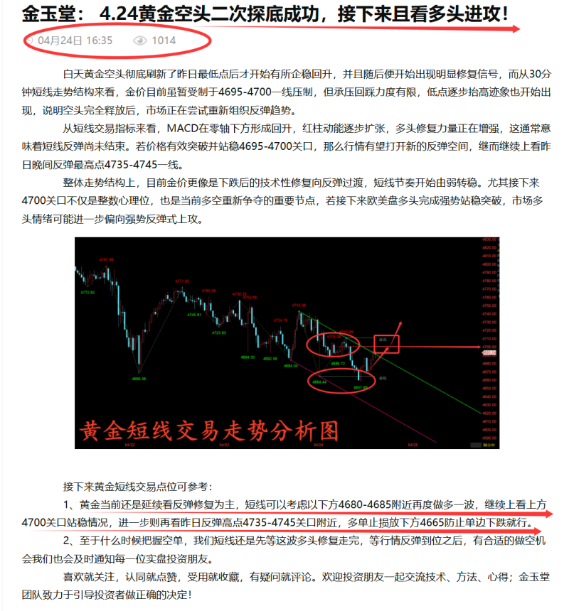 金玉堂：4.26黄金周五多单完美把握，下周开盘还能再多一波吗？