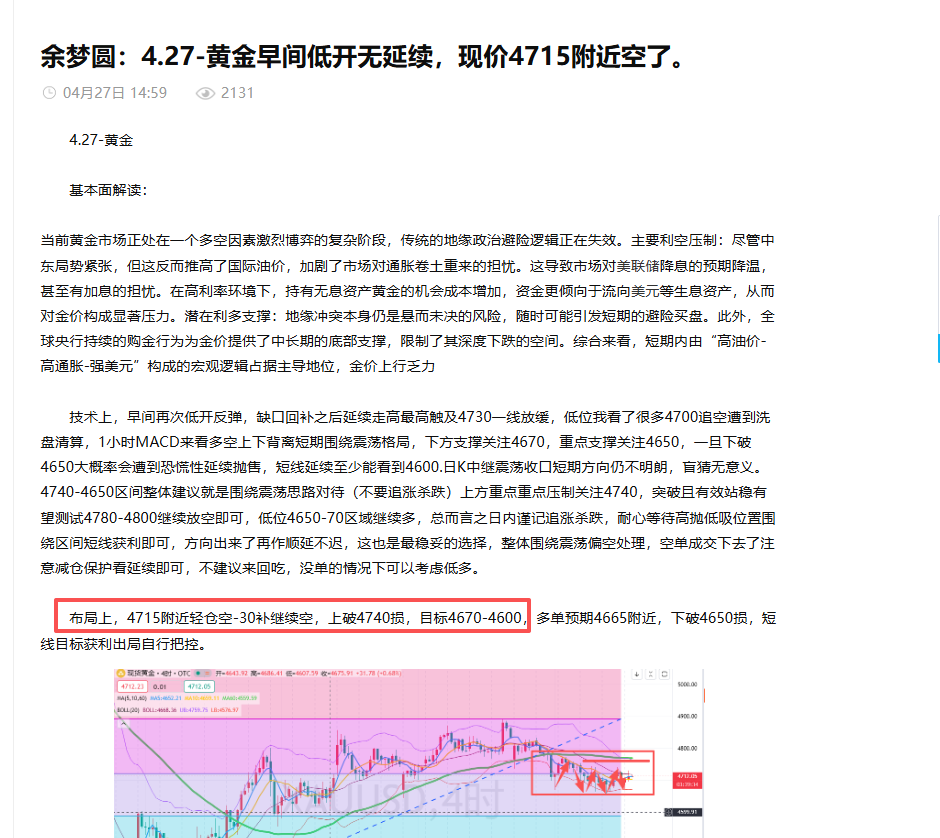 余梦圆：4.27-黄金4715空获利，晚间上去继续空。