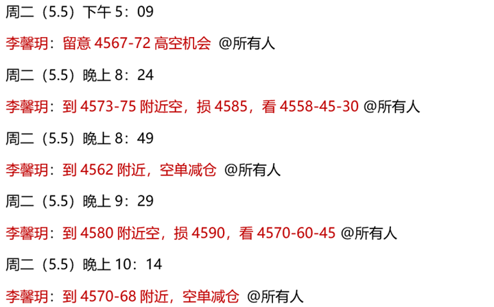 李馨玥:5.5黄金4580空单获利中，盘尾关注中轴得失！