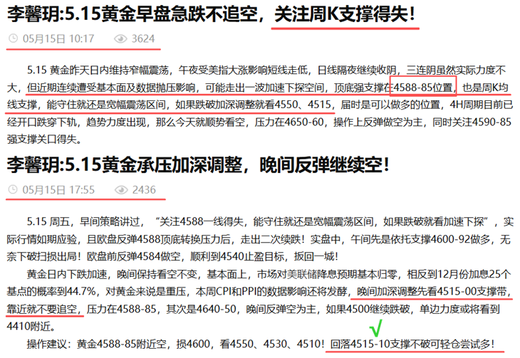 李馨玥:5.15黄金4515策略多完美预判，盘尾卡点反弹空！