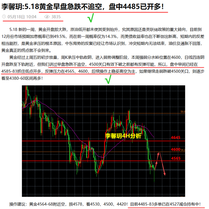 李馨玥:5.18黄金4485多单斩65点，晚间高空思路不变！