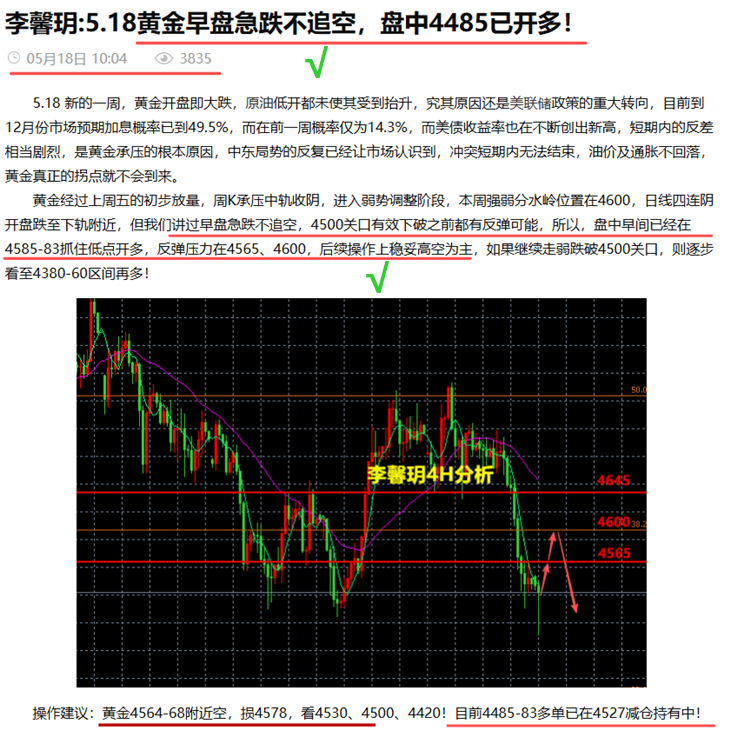 李馨玥:5.18黄金4566策略空又兑现 , 多空双杀斩85点！