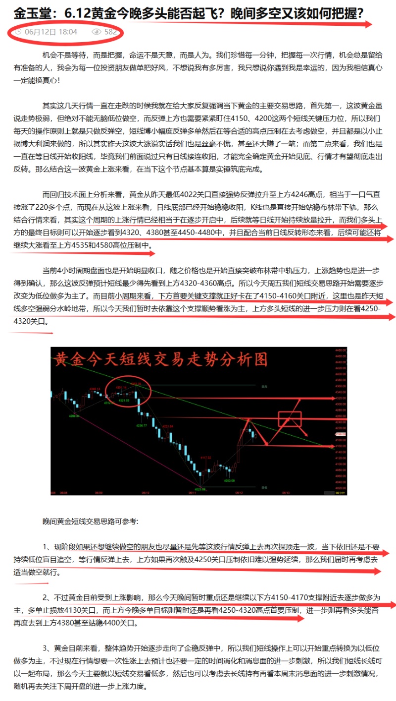 金玉堂：6.13黄金交易只看实力，话不多说每日文章自见分晓！