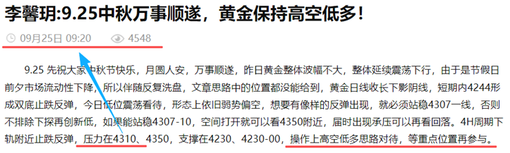 李馨玥:9.25黄金4310压力应验 , 盘尾低位震荡或有新低！