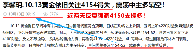 李馨玥:10.13黄金4152多单完美止盈 , 晚间依旧区间操作！
