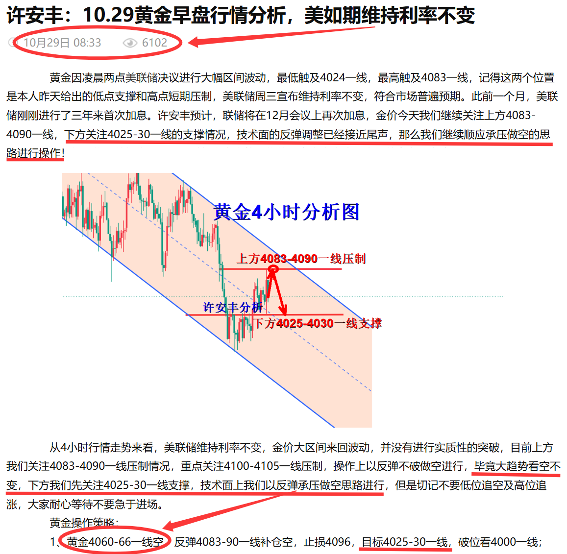 许安丰：10.29黄金晚间操作策略，承压做空利润颇丰